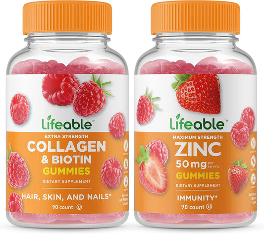 Collagen, Biotin, and Zinc Gummies Bundle - Vitamin Supplement, Gluten-Free, GMO-Free, Chewable - Delicious and Nutritious