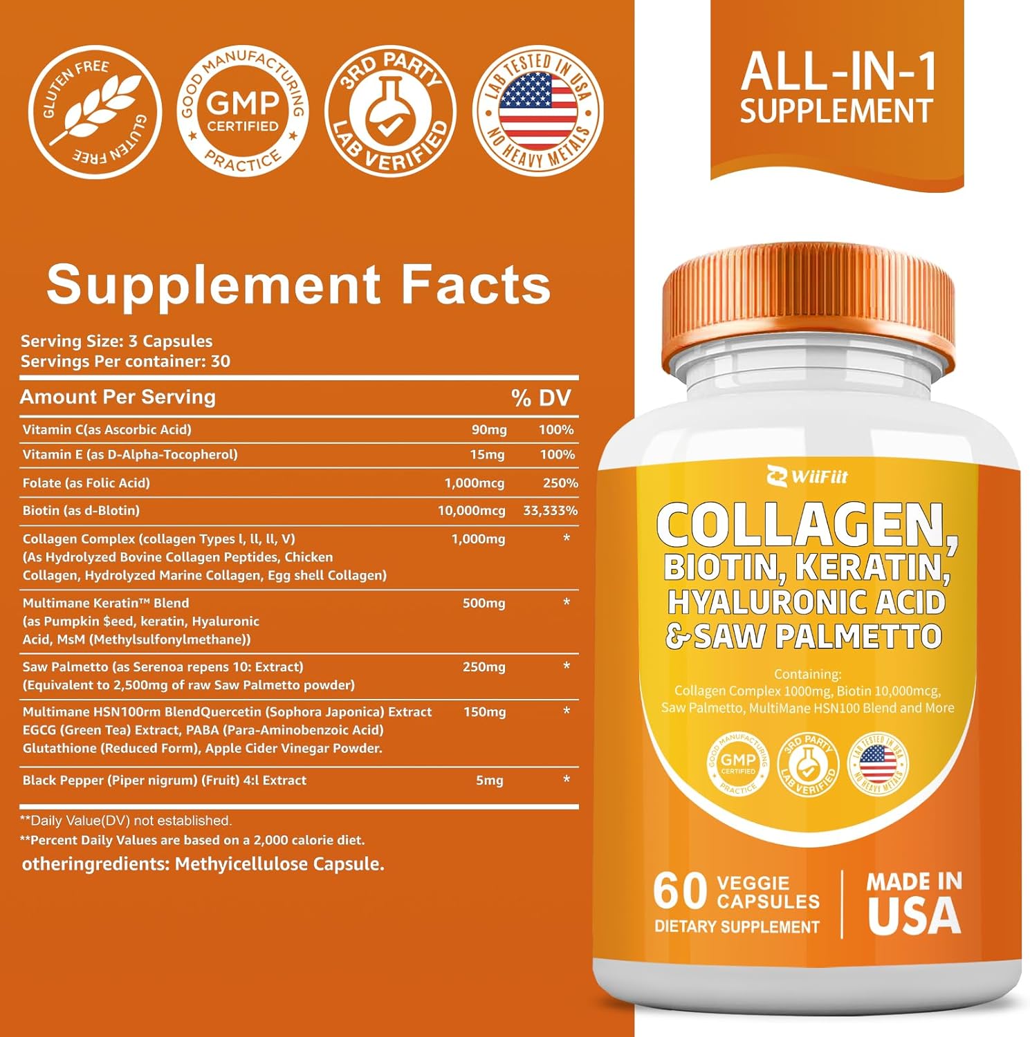 Collagen & Biotin Blend with Saw Palmetto & Hyaluronic Acid - 60 Capsules