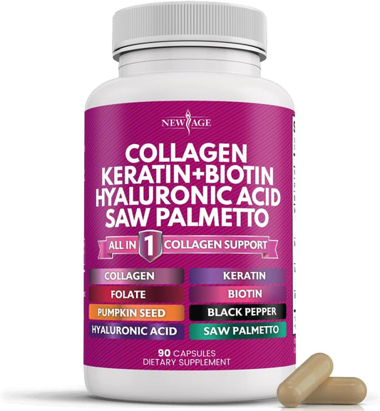 Collagen, Biotin, Keratin, Saw Palmetto, Hyaluronic Acid Pills - Hair Skin Nails Vitamins with DHT Blocker - 90 Count