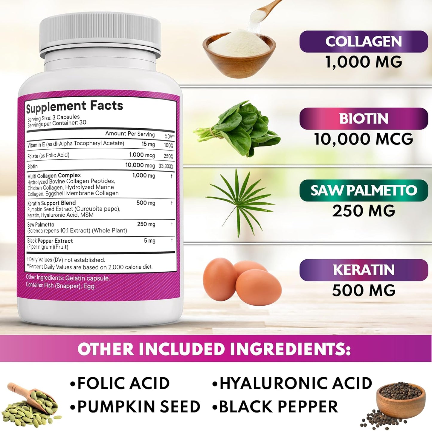 Collagen, Biotin, Keratin, Saw Palmetto, Hyaluronic Acid Pills - Hair Skin Nails Vitamins with DHT Blocker - 90 Count