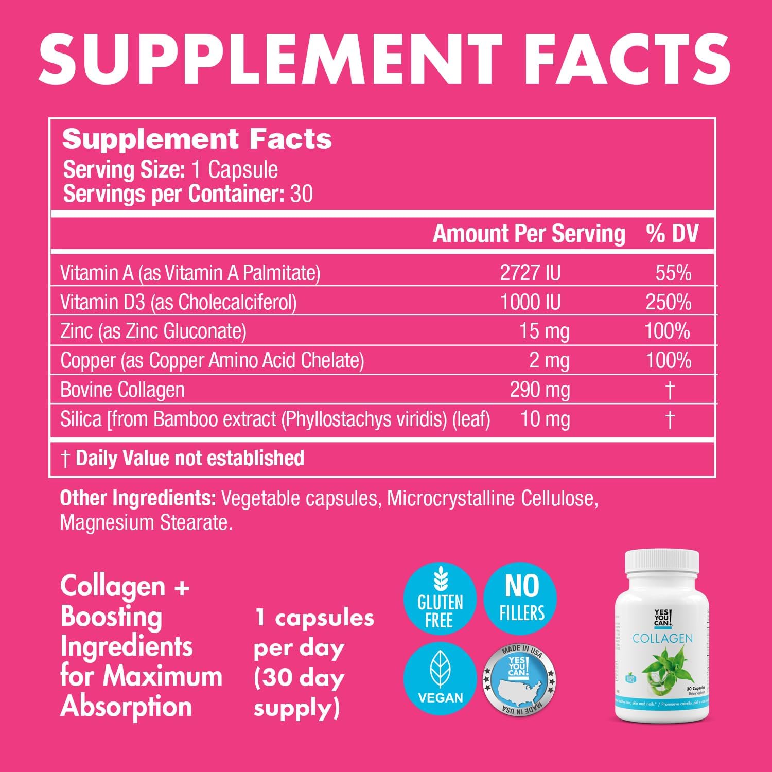 Collagen Capsules for Hair, Skin, and Nails with Vitamins A, D3, Zinc, and Copper - 4 Pack