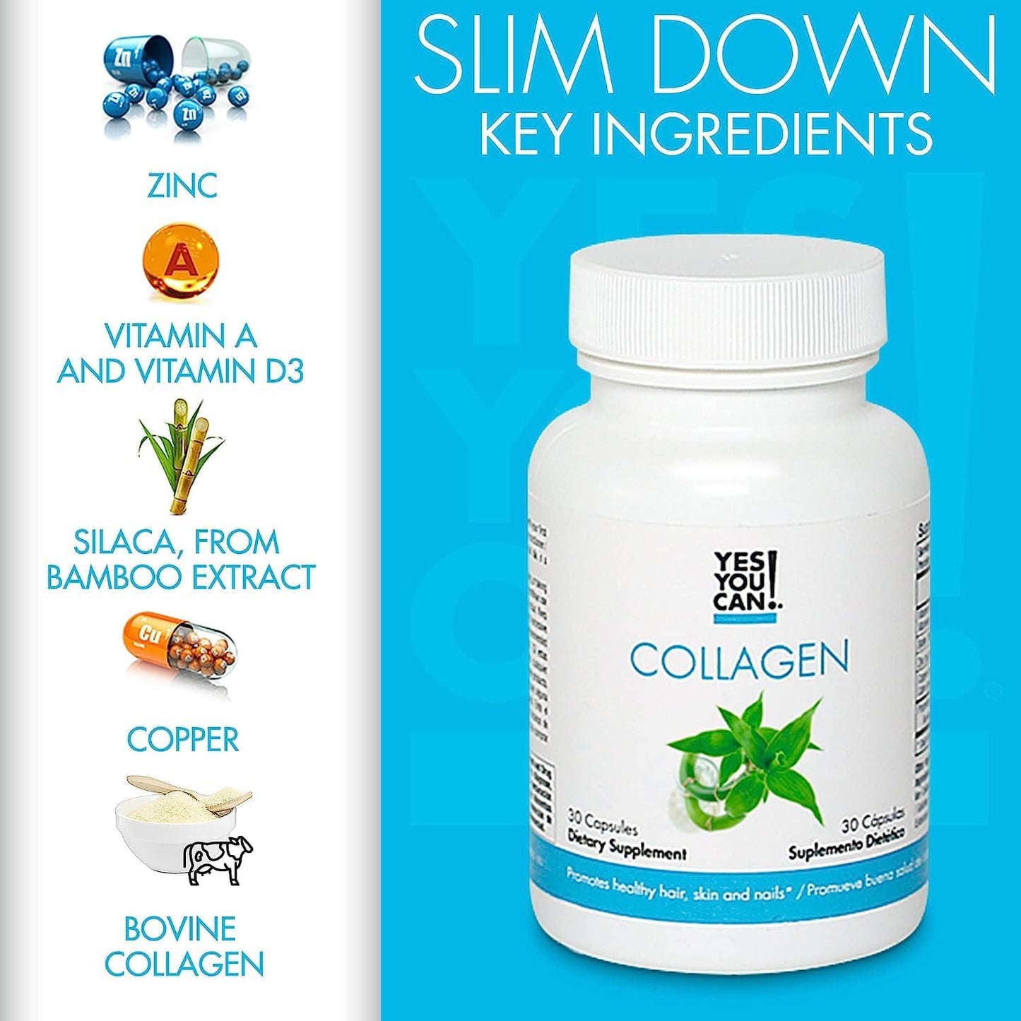 Collagen Capsules for Healthy Hair, Skin, and Nails - 2 Pack Dietary Supplement with Bovine Collagen, Vitamins A & D3, Zinc, Copper - Men & Women, 30 Capsules