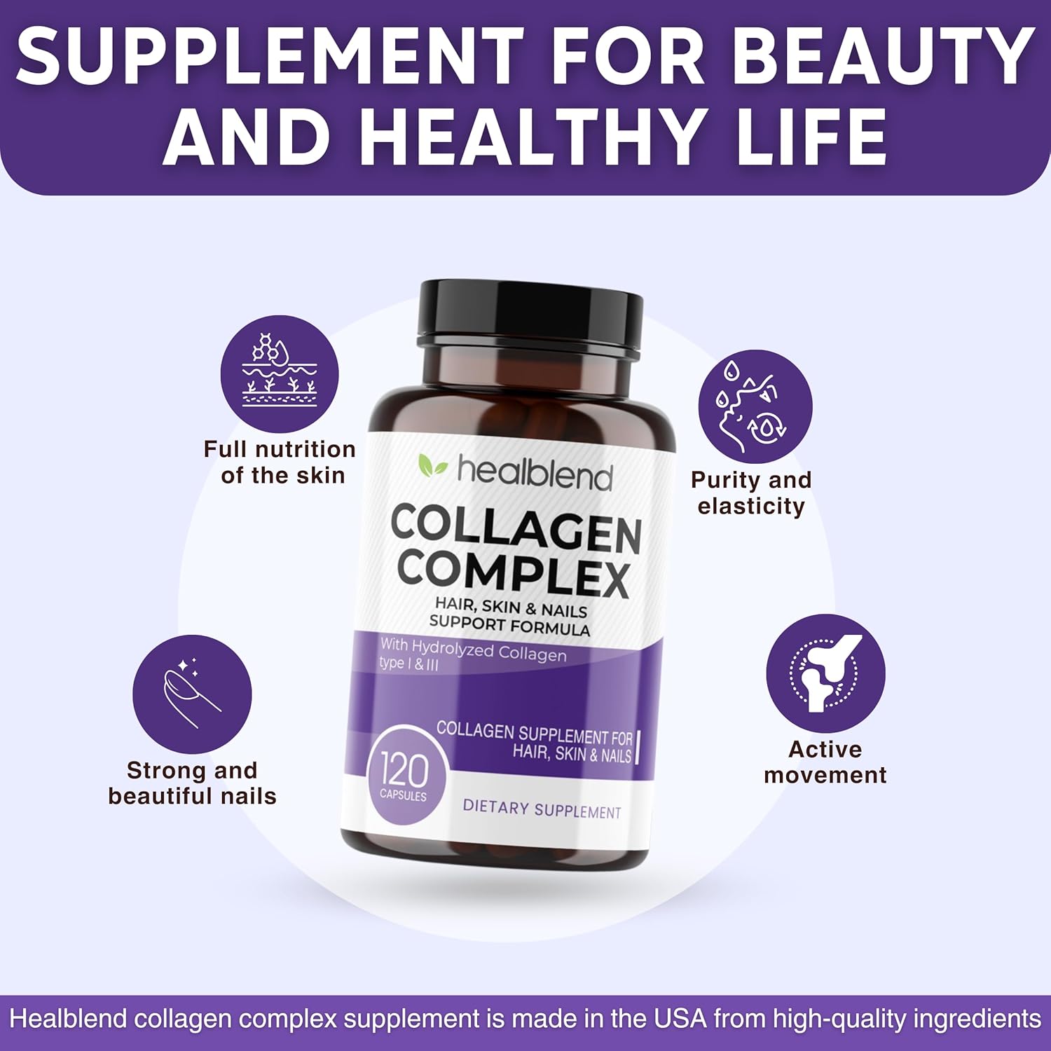 Collagen Complex Supplement for Healthy Skin, Hair, and Joints - Anti-Aging Formula for Women and Men - 120 Capsules