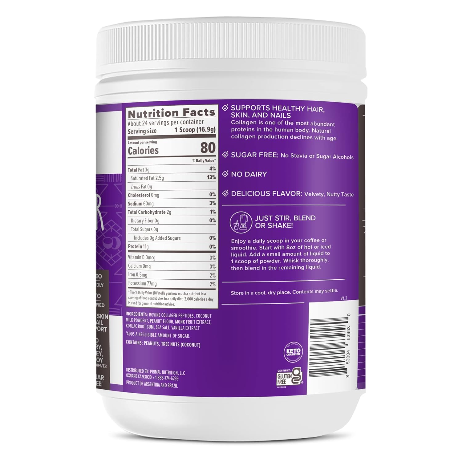 Collagen Fuel Drink Mix with Peanut Butter Flavor, 14.3 oz - Dairy-Free Peptides by Primal Kitchen