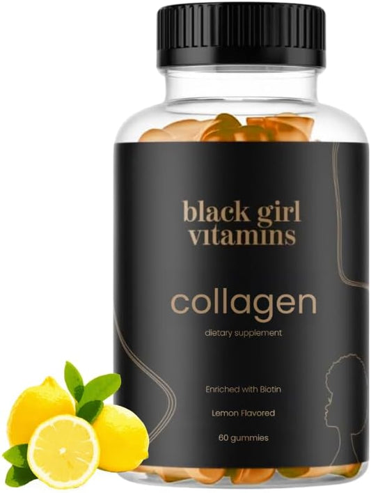 Collagen Gummies for Hair, Skin, and Nail Support with Vitamin C, E, Biotin - Black Girl Vitamins - 60ct Lemon Flavor