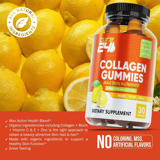 Collagen Gummies with Zinc, Vitamin C, Biotin - Hair, Nail, Skin, Bone, Joint Health Support - 60 Gummies - Made in USA