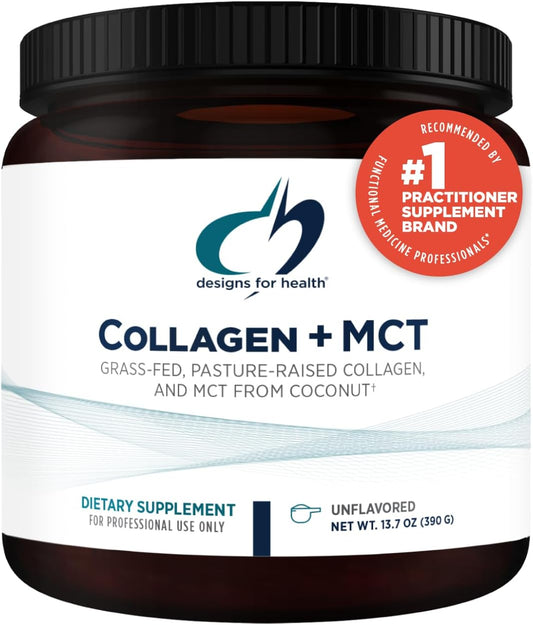 Collagen + MCT Powder for Mental Focus & Energy - Unflavored Grass-Fed Peptides with MCT Oil for Skin & Gut Health (30 Servings)