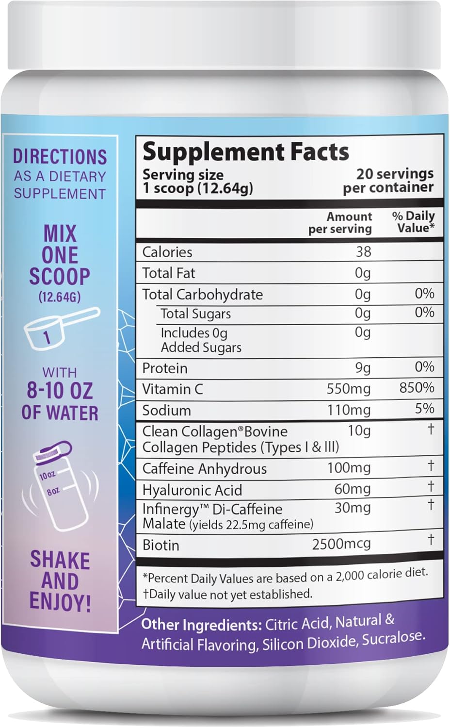 Collagen Peptide Energy Powder for Hair, Skin & Nails with Caffeine, Vitamin C, Biotin, Hyaluronic Acid - Blue Raspberry, 8.92 oz