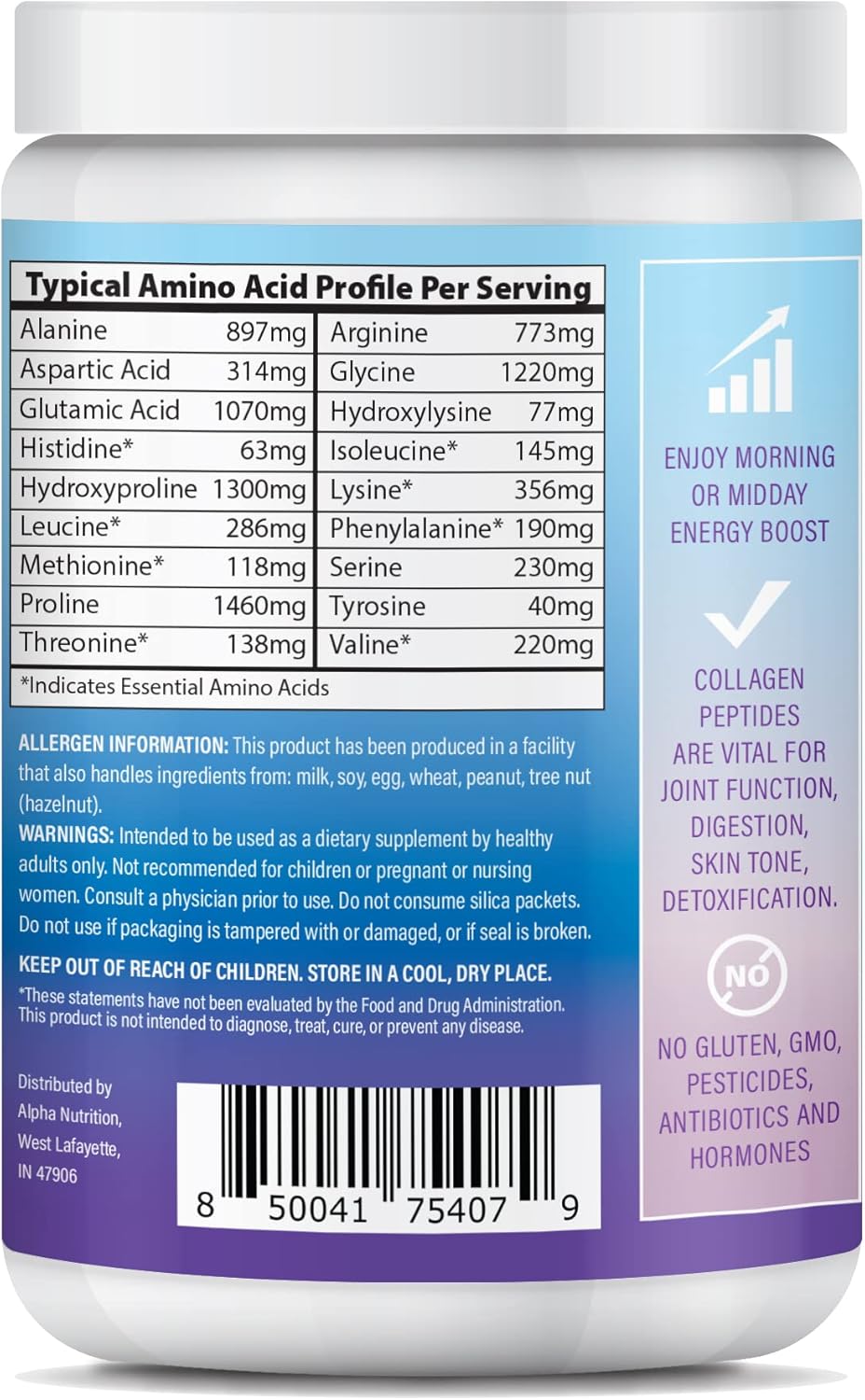 Collagen Peptide Energy Powder for Hair, Skin & Nails with Caffeine, Vitamin C, Biotin, Hyaluronic Acid - Blue Raspberry, 8.92 oz