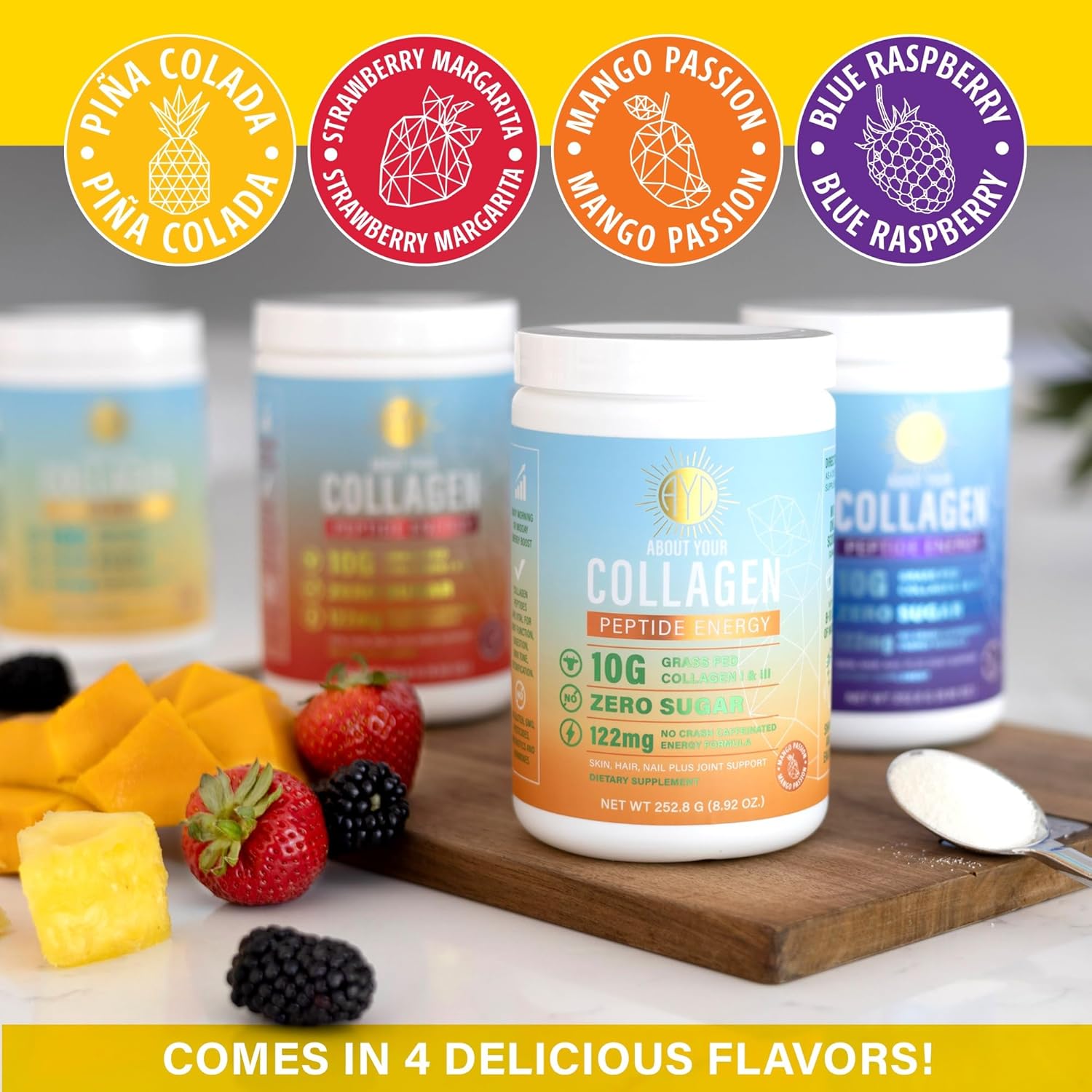 Collagen Peptide Energy Powder for Hair, Skin & Nails with Caffeine, Vitamin C, Biotin, Hyaluronic Acid - Blue Raspberry, 8.92 oz