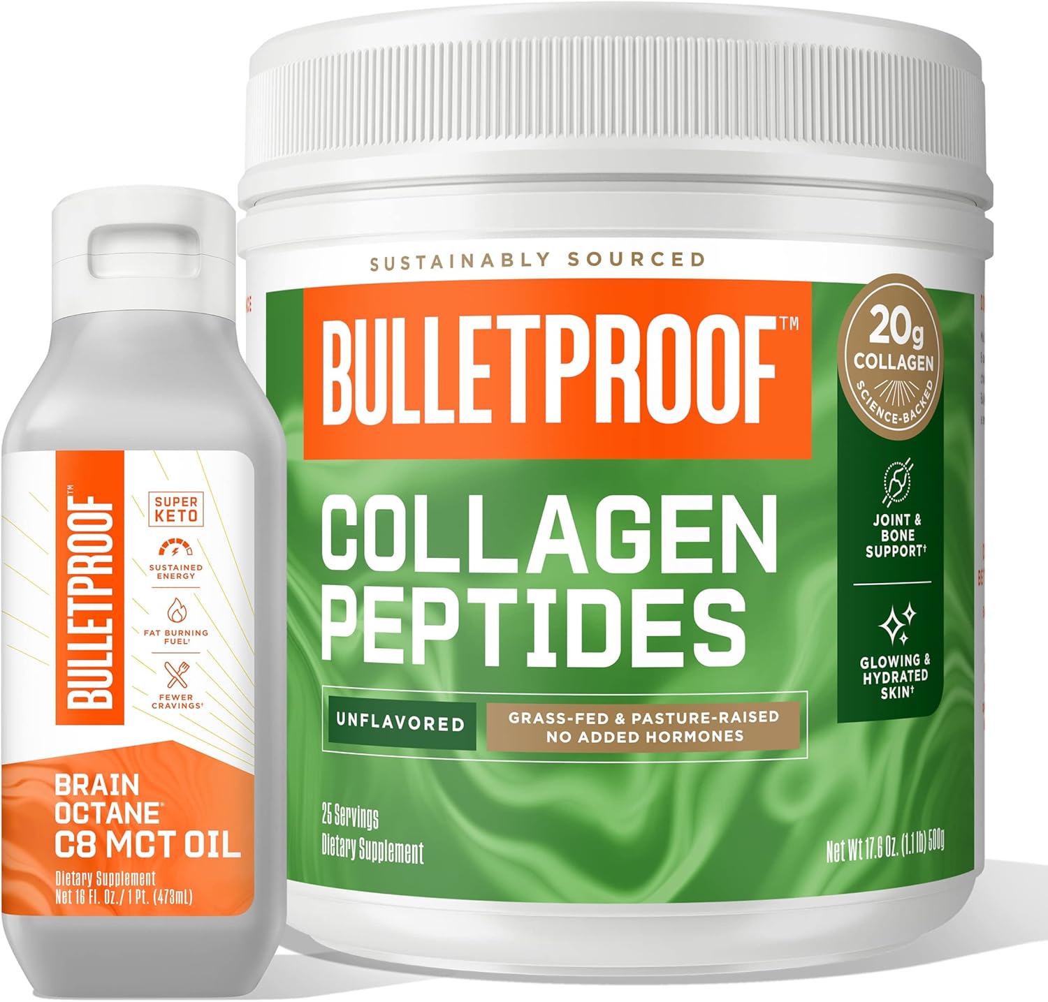 Collagen Peptides Protein Powder & MCT Oil Duo Kit for Skin, Bones, Joints, and Energy Boost - 18g Protein, 17.6 Oz & 14g MCTs, 16 Fl Oz