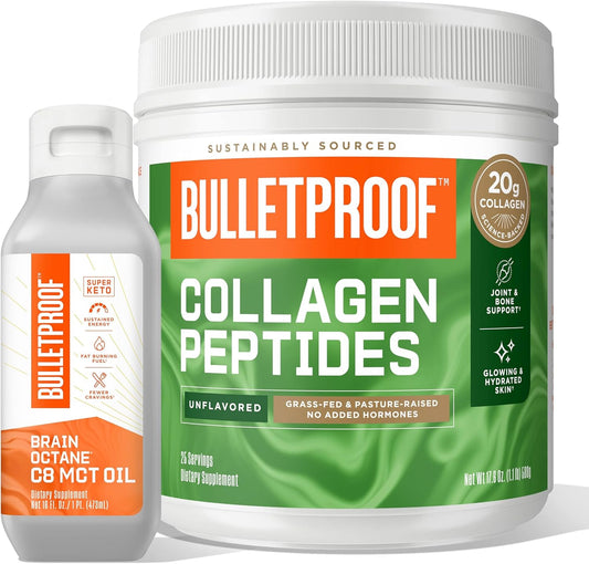 Collagen Peptides Protein Powder & MCT Oil Duo Kit for Skin, Bones, Joints, and Energy Boost - 18g Protein, 17.6 Oz & 14g MCTs, 16 Fl Oz