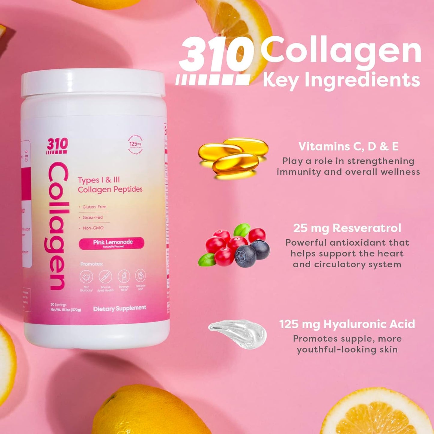 Collagen Peptides Protein Powder with Vitamins C, D, and E - Keto Friendly Pink Lemonade - 30 Servings