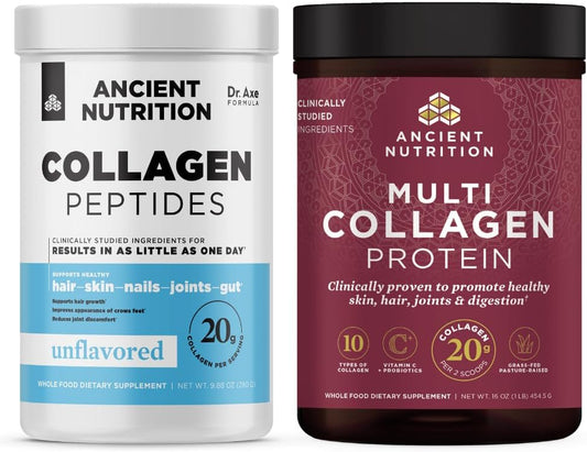 Collagen Protein Powder Bundle: Ancient Nutrition Collagen Peptides + Multi Collagen Protein Powder, Unflavored, 59 Servings