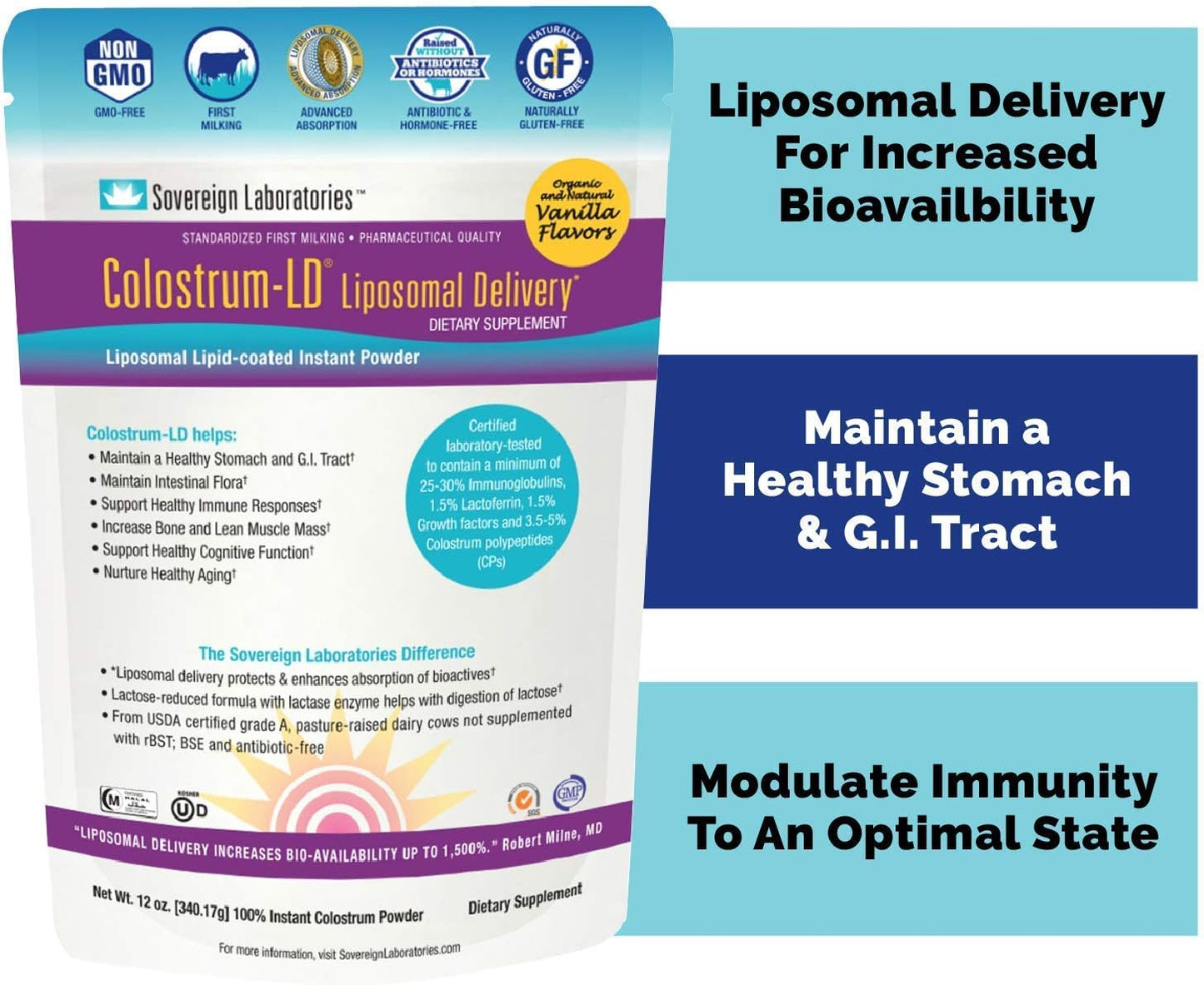 Colostrum-LD® Powder, Natural Vanilla Flavor - 12oz/340g, 30-60 Day Supply from Sovereign Laboratories