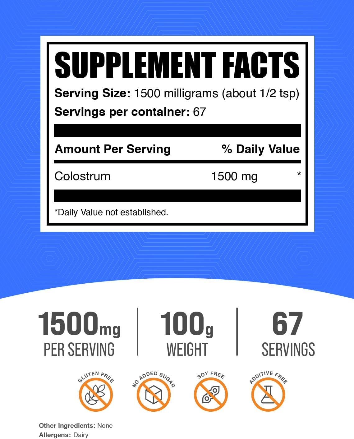 Colostrum Powder Supplement - Bovine Colostrum for Gut & Immune Support - 1500mg per Serving - Gluten Free - 100g (3.5 oz) Pack