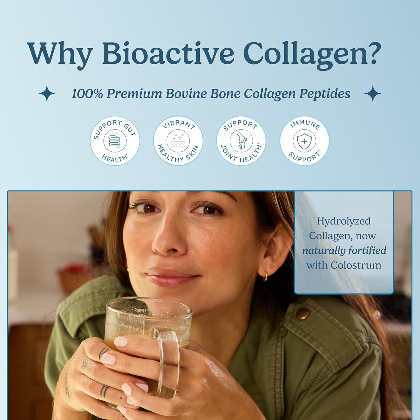 Colostrum Powder with Hydrolyzed Collagen Peptides for Gut and Immune Health, Hair, Skin, and Nails