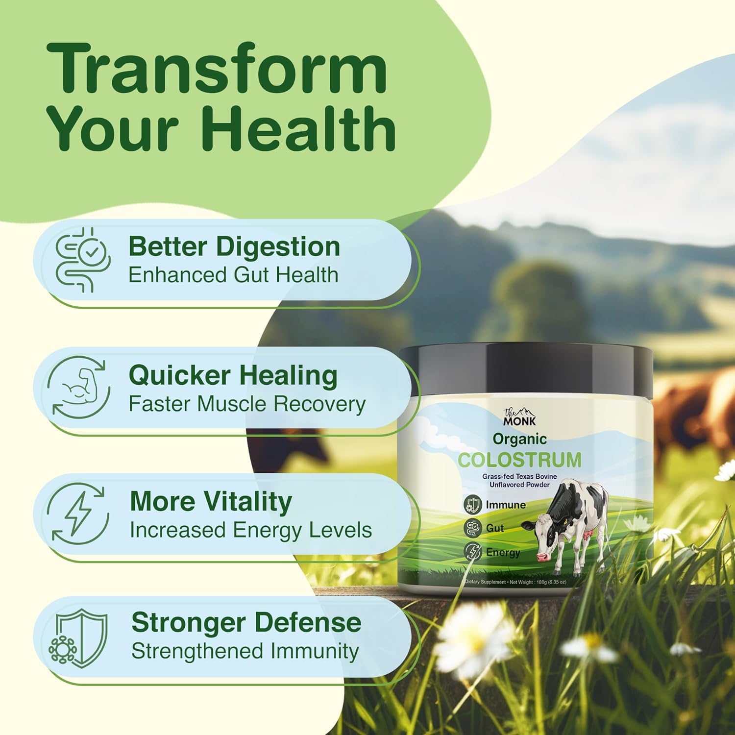 Colostrum Supplement Powder - Texas Bovine, Grass Fed, Immune & Gut Support, 100% Pure Ig Superfood - 6.35 Oz - 90 Servings - Made in USA