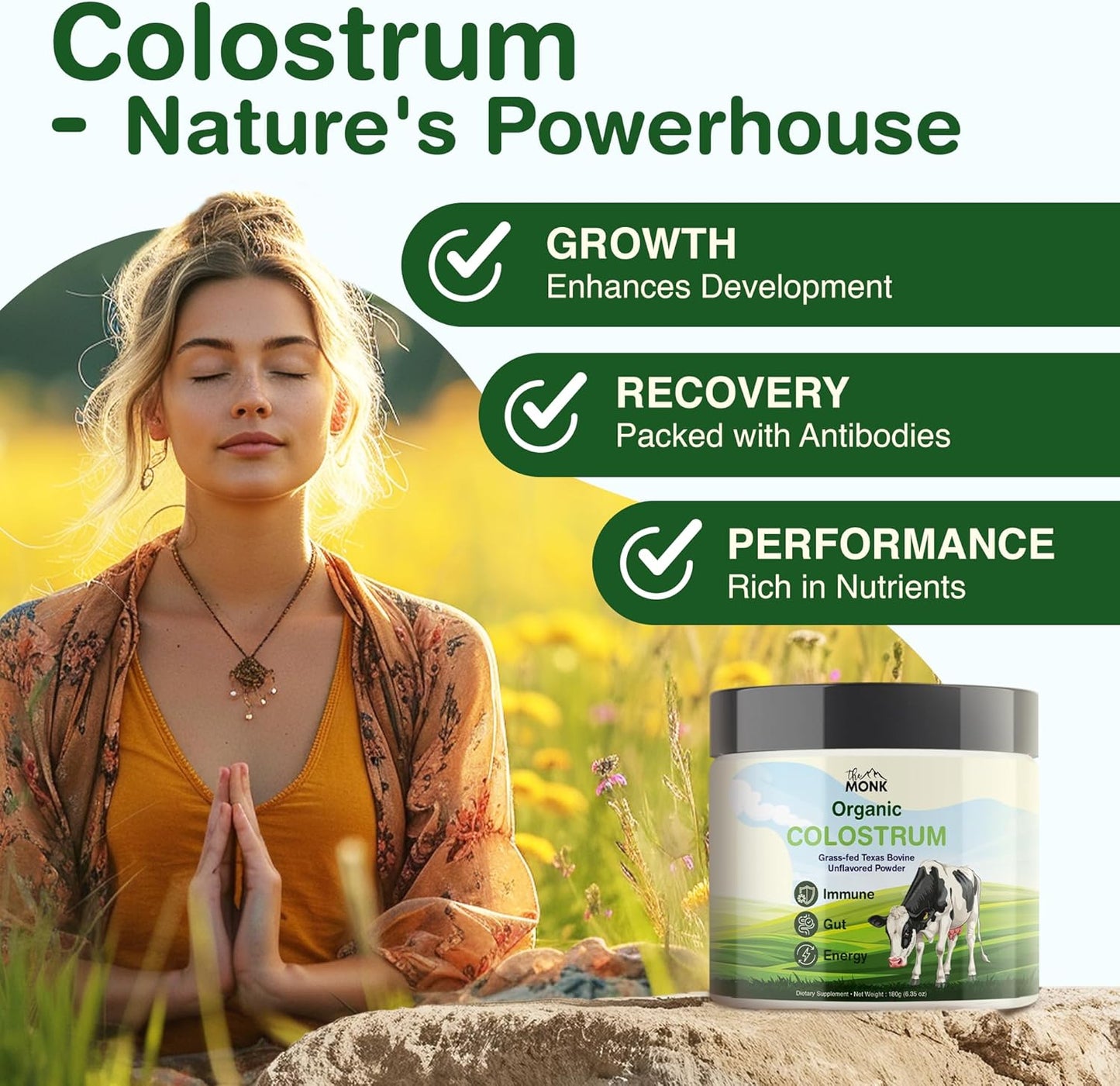 Colostrum Supplement Powder - Texas Bovine, Grass Fed, Immune & Gut Support, 100% Pure Ig Superfood - 6.35 Oz - 90 Servings - Made in USA