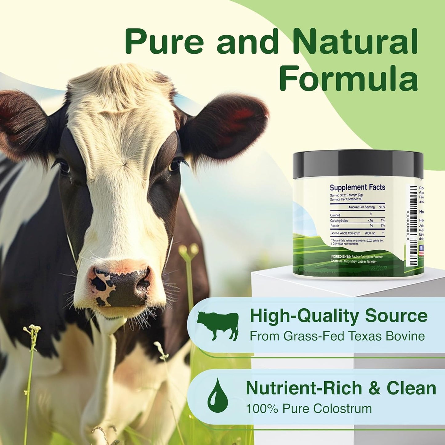 Colostrum Supplement Powder - Texas Bovine, Grass Fed, Immune & Gut Support, 100% Pure Ig Superfood - 6.35 Oz - 90 Servings - Made in USA
