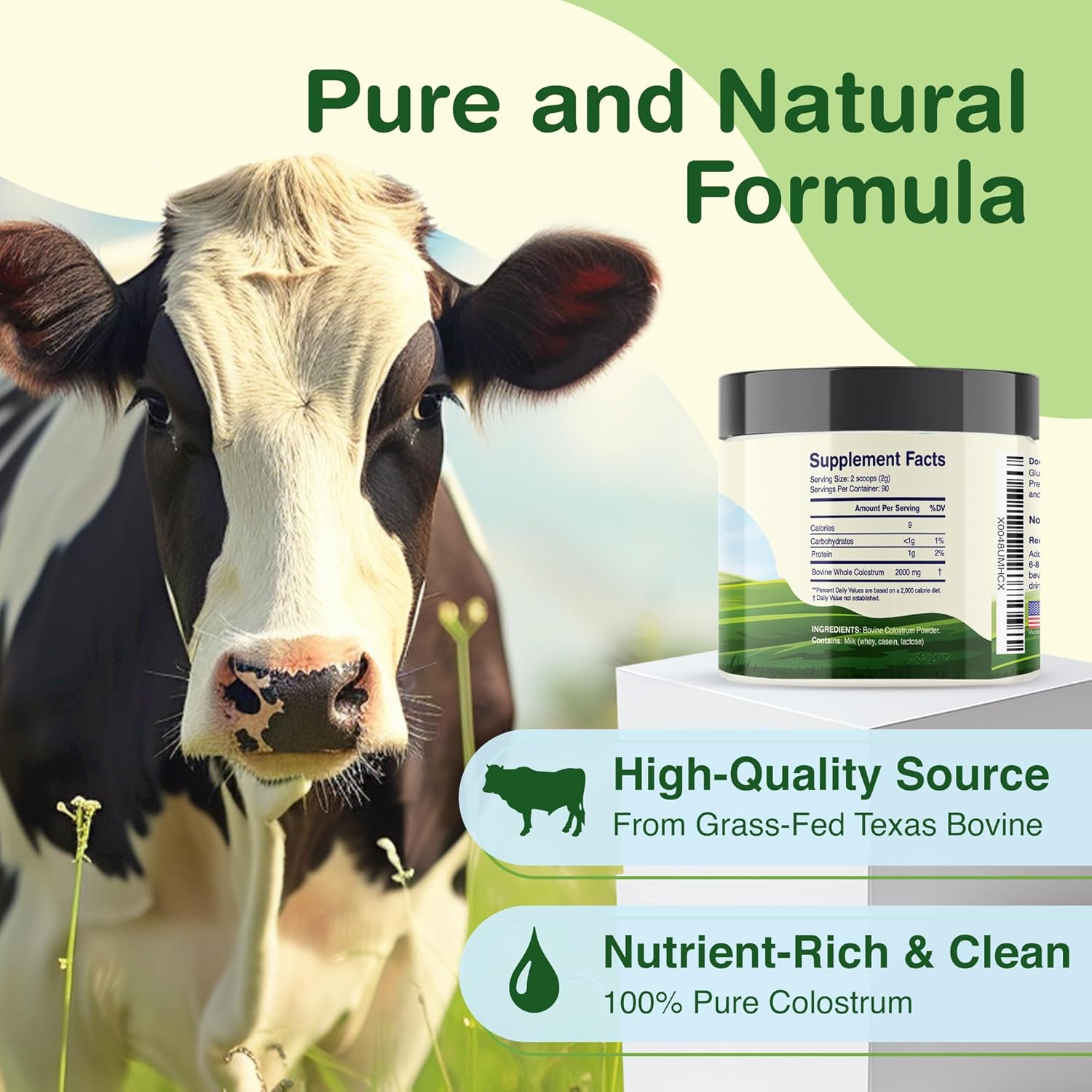 Colostrum Supplement Powder - Texas Bovine, Grass Fed, Immune & Gut Support, 100% Pure Ig Superfood - 6.35 Oz - 90 Servings - Made in USA
