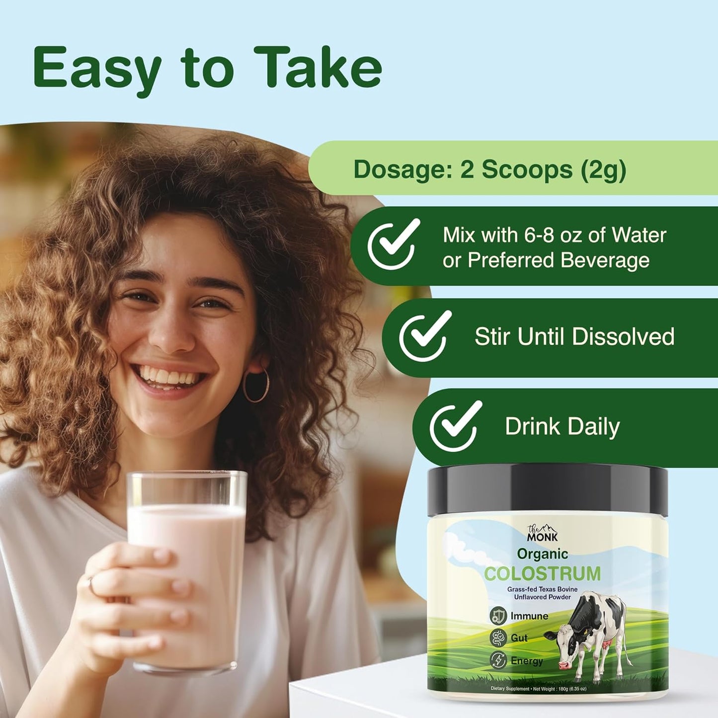 Colostrum Supplement Powder - Texas Bovine, Grass Fed, Immune & Gut Support, 100% Pure Ig Superfood - 6.35 Oz - 90 Servings - Made in USA