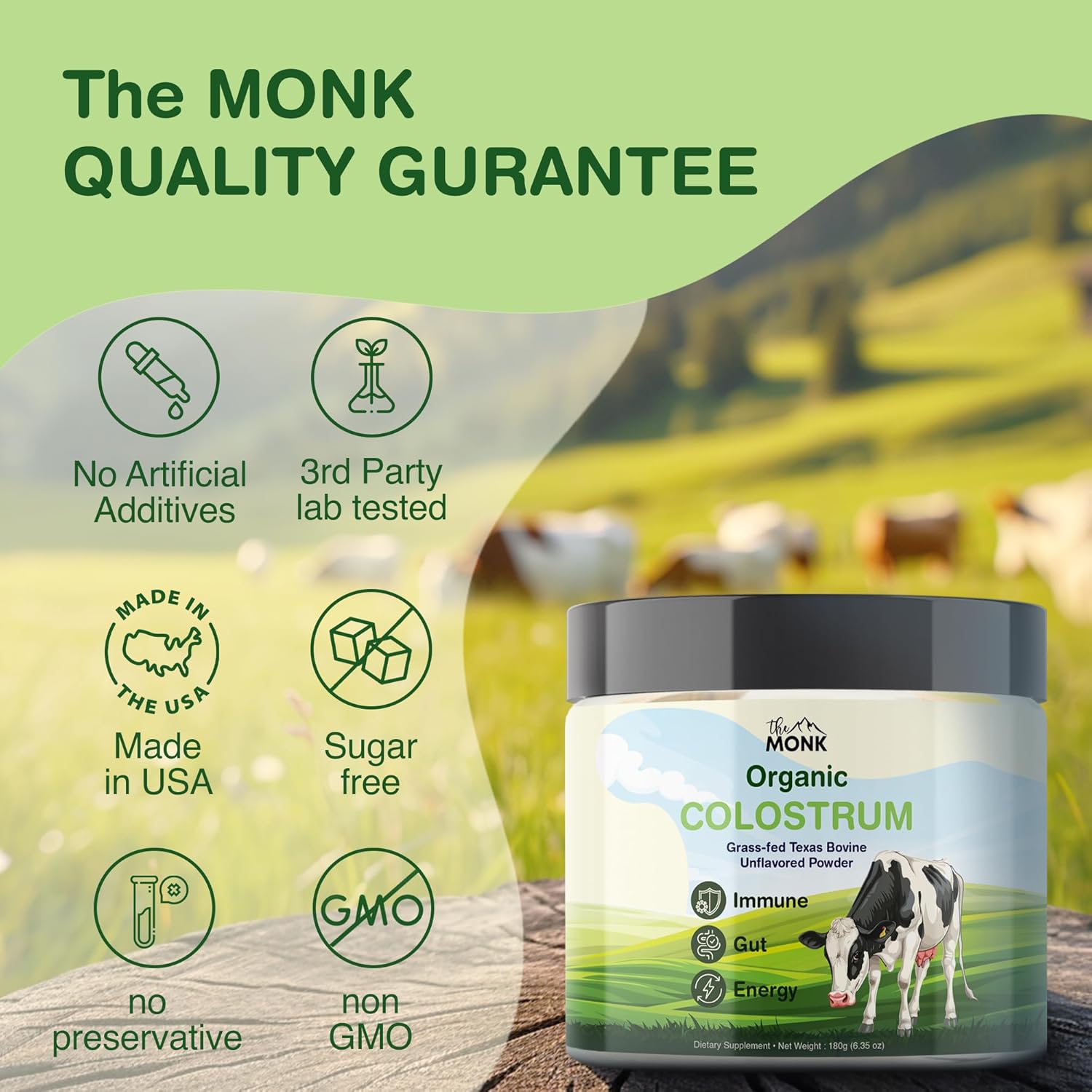 Colostrum Supplement Powder - Texas Bovine, Grass Fed, Immune & Gut Support, 100% Pure Ig Superfood - 6.35 Oz - 90 Servings - Made in USA