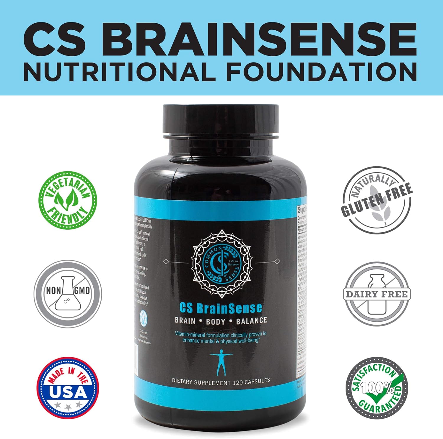 Common Sense Wellness BrainSense Mood Stabilizer & Brain Supplement - Boost Mood, Clarity, Neuro Function & Cellular Health - Nootropic Micronutrients - 120 Capsules