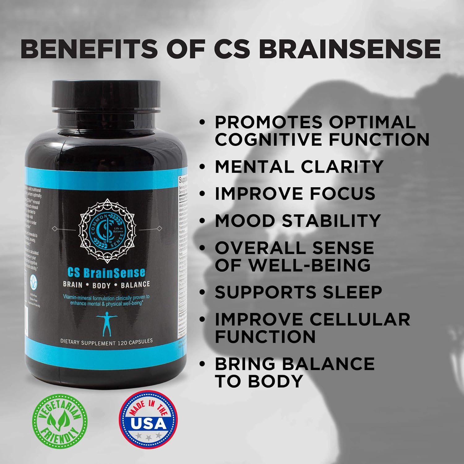 Common Sense Wellness BrainSense Mood Stabilizer & Brain Supplement - Boost Mood, Clarity, Neuro Function & Cellular Health - Nootropic Micronutrients - 120 Capsules