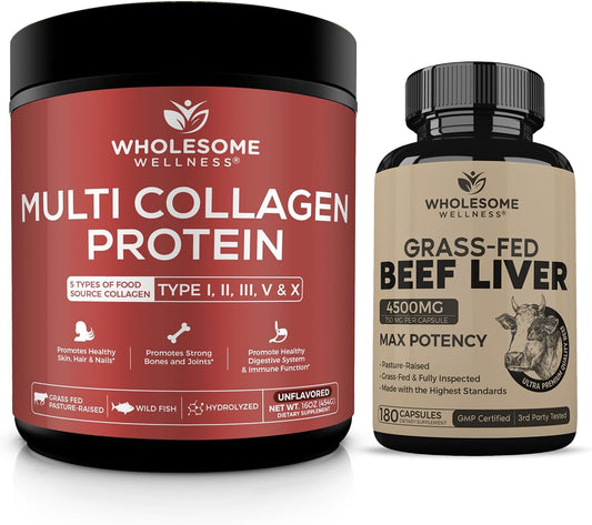 Complete Collagen Protein Powder & Grass Fed Beef Liver Capsules Bundle - Supports Energy with Natural Iron, Vitamin A, B12 (180 Pills, 750mg)