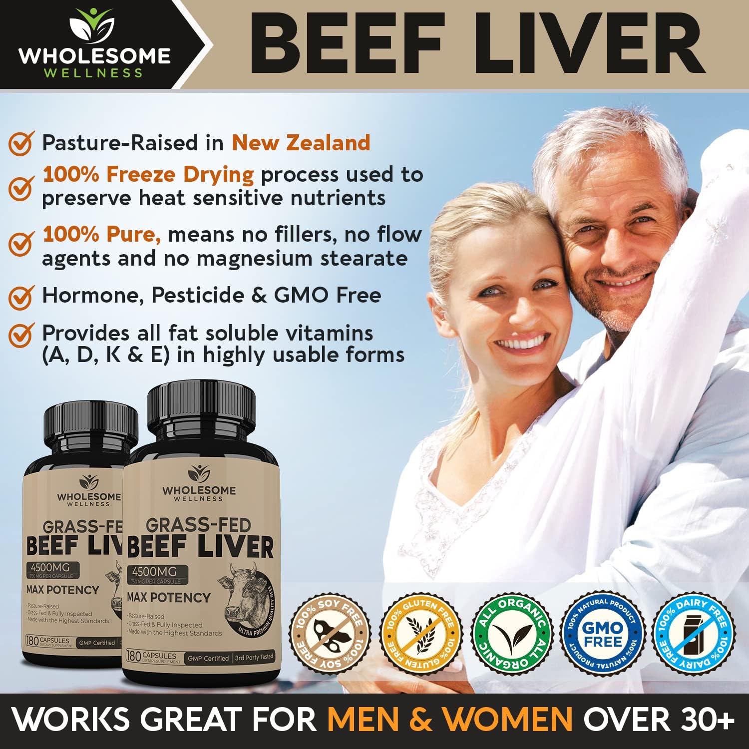 Complete Collagen Protein Powder & Grass Fed Beef Liver Capsules Bundle - Supports Energy with Natural Iron, Vitamin A, B12 (180 Pills, 750mg)