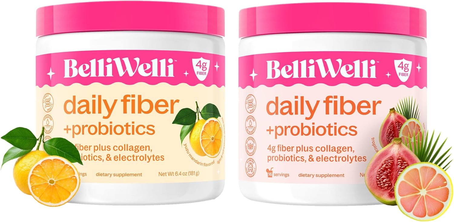 Complete Daily Fiber Supplement Bundle: Collagen, Probiotics, Electrolytes - Tropical Breeze & Orange Yuzu Mandarin Flavors - Supports Digestive Health, Gut Balance, Debloating - 32 Servings