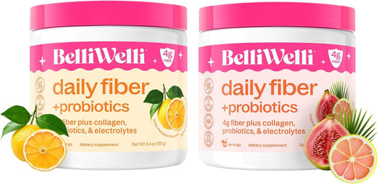 Complete Daily Fiber Supplement Bundle: Collagen, Probiotics, Electrolytes - Tropical Breeze & Orange Yuzu Mandarin Flavors - Supports Digestive Health, Gut Balance, Debloating - 32 Servings
