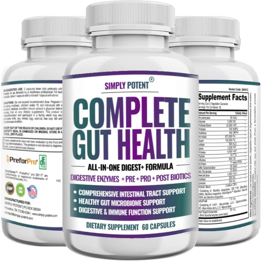 Complete Gut Health: Digestive Enzymes, Prebiotic, Probiotic & Post Biotic Support (60 Capsules)