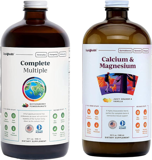 Complete Multivitamin & Calcium/Magnesium Liquid Bundle - Adult Whole Body Health, Immune Boost, Bone/Joint Support - Whole Foods, Vegan, Non-GMO