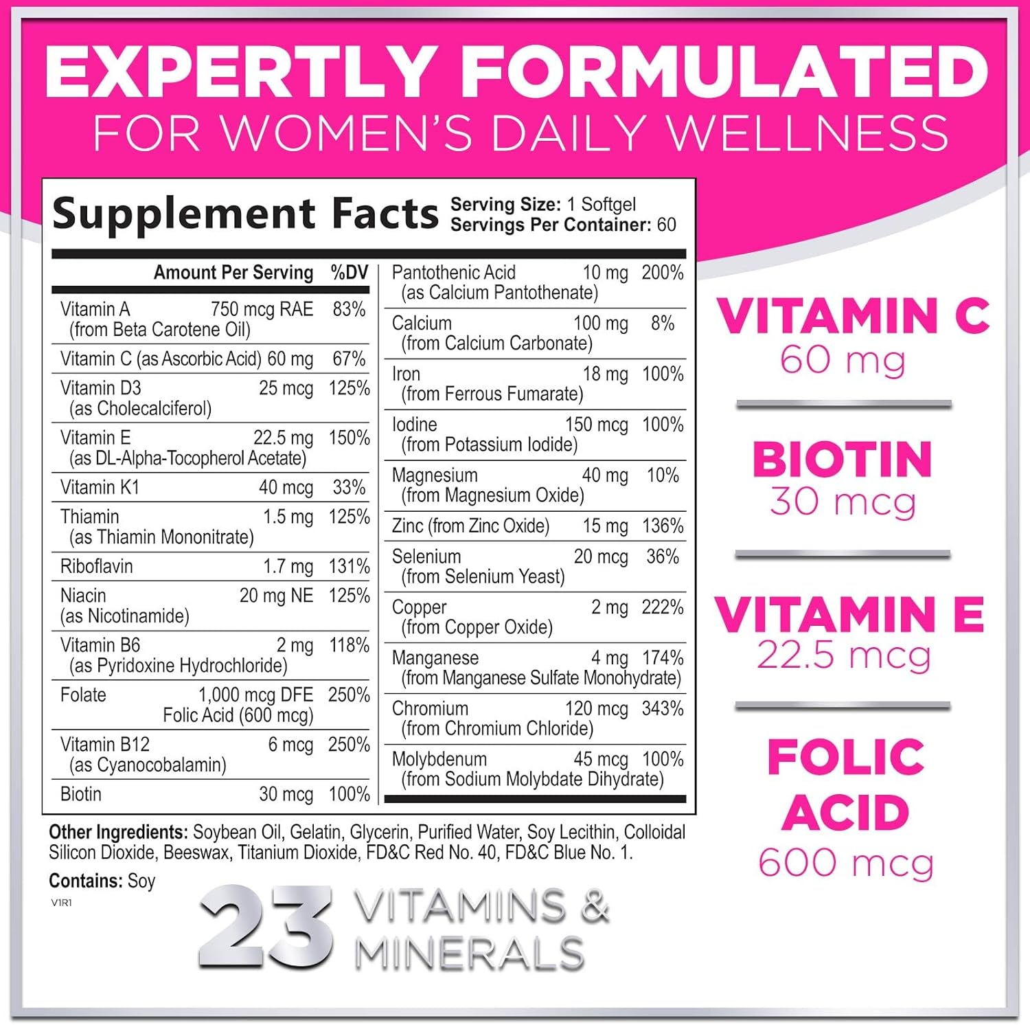 Complete Women's Multivitamin - Daily Energy & Immune Support - 60 Softgels - Vitamin A, B6, B12, C, D, Biotin, Folate, Iron, Zinc - Gluten-Free
