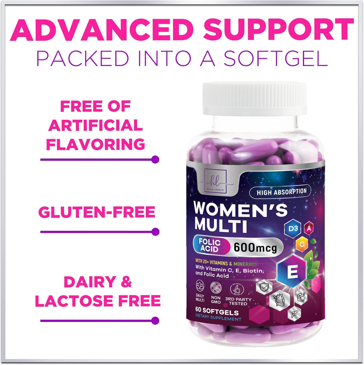 Complete Women's Multivitamin - Daily Energy & Immune Support - 60 Softgels - Vitamin A, B6, B12, C, D, Biotin, Folate, Iron, Zinc - Gluten-Free