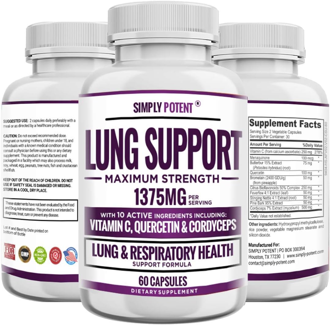 Comprehensive Lung Support Supplement with Quercetin, Bromelain, Nettle, Vitamin C, K2, & Cordyceps - 60 Capsules for Lung Health & Detox