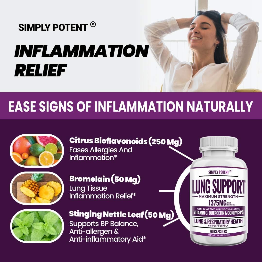 Comprehensive Lung Support Supplement with Quercetin, Bromelain, Nettle, Vitamin C, K2, & Cordyceps - 60 Capsules for Lung Health & Detox