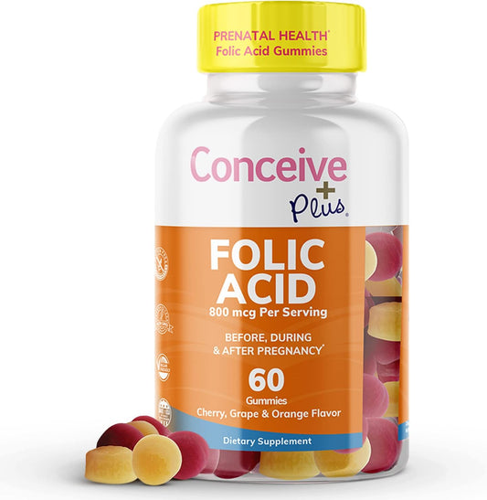 Conceive Plus Folic Acid Gummies - 800mcg Folate Supplement for Women - Natural Chewable Gummy - 60 Count - Non-GMO - Fruit Flavors