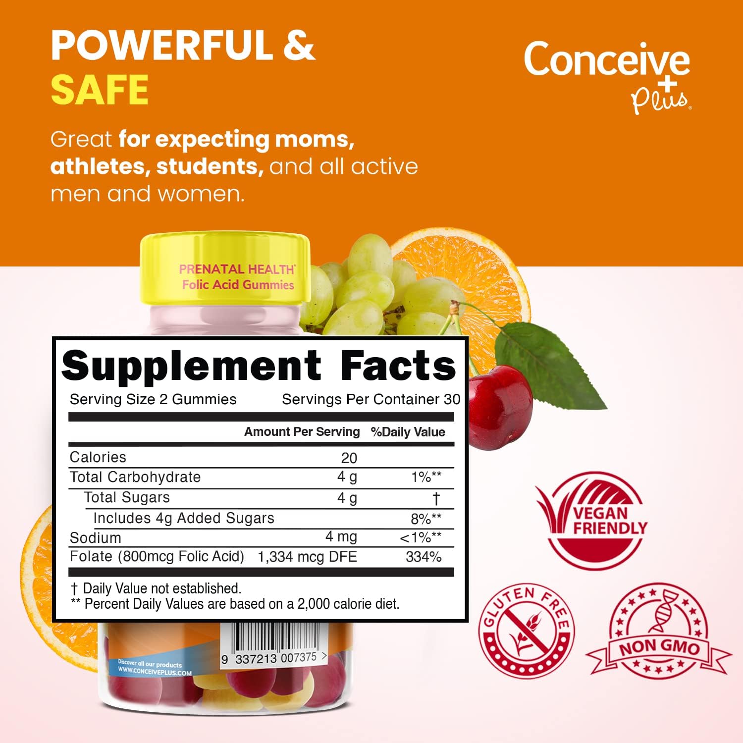 Conceive Plus Folic Acid Gummies - 800mcg Folate Supplement for Women - Natural Chewable Gummy - 60 Count - Non-GMO - Fruit Flavors