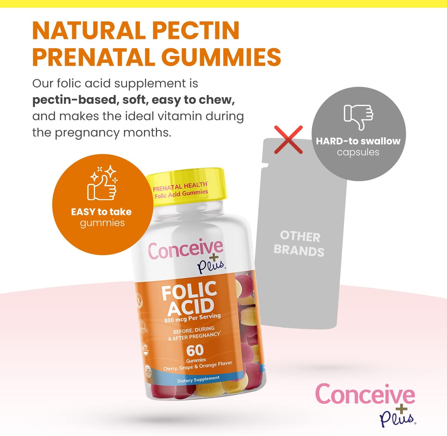 Conceive Plus Folic Acid Gummies - 800mcg Folate Supplement for Women - Natural Chewable Gummy - 60 Count - Non-GMO - Fruit Flavors