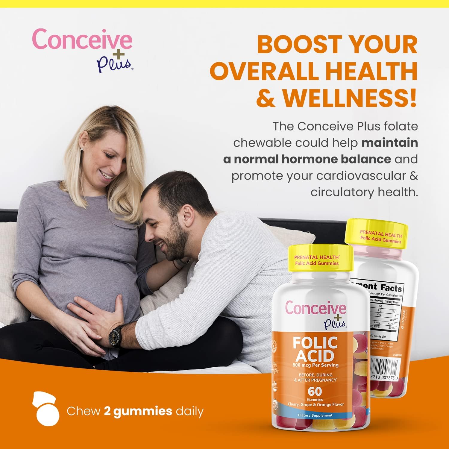 Conceive Plus Folic Acid Gummies - 800mcg Folate Supplement for Women - Natural Chewable Gummy - 60 Count - Non-GMO - Fruit Flavors