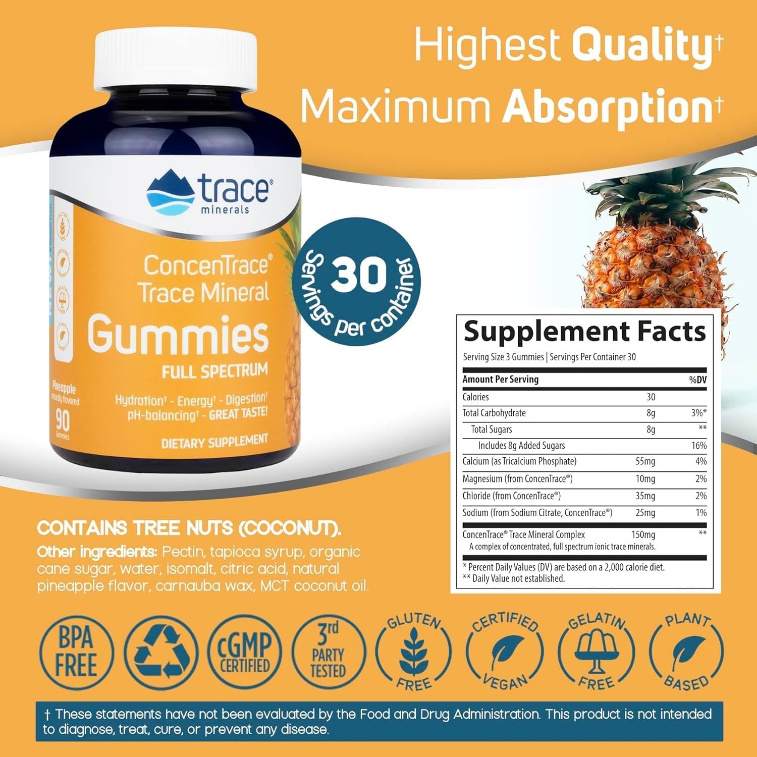 ConcenTrace Chewable Gummies with Trace Minerals for Energy & Joint Support - Natural Pineapple Flavor - 90 ct