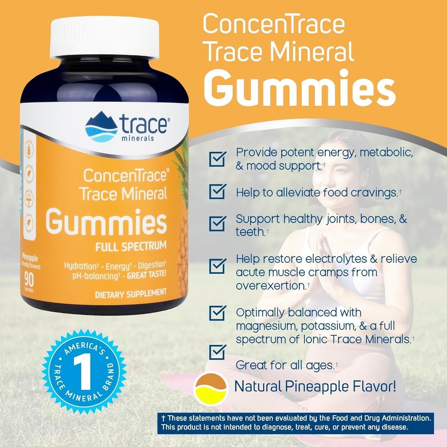 ConcenTrace Chewable Gummies with Trace Minerals for Energy & Joint Support - Natural Pineapple Flavor - 90 ct