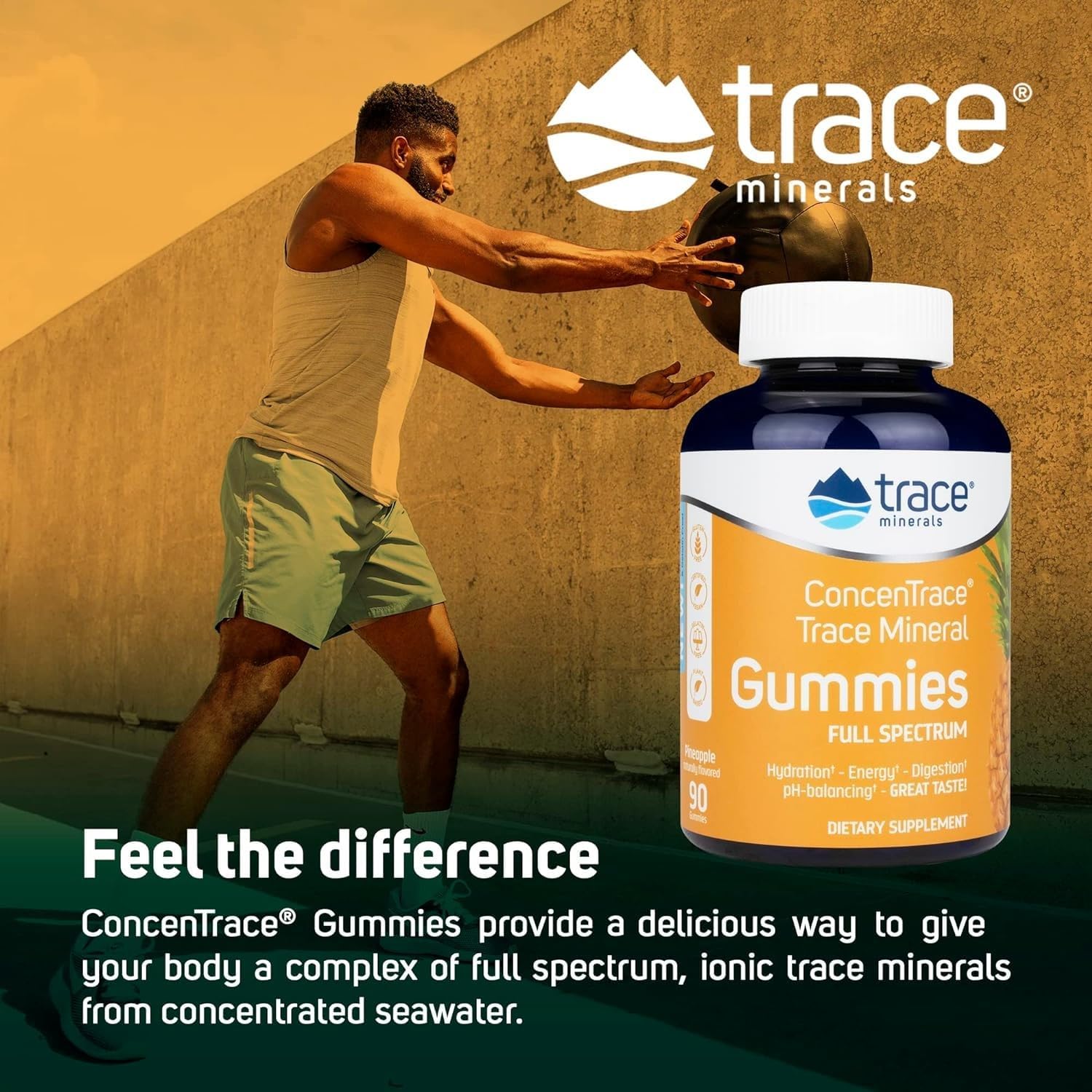 ConcenTrace Chewable Gummies with Trace Minerals for Energy & Joint Support - Natural Pineapple Flavor - 90 ct