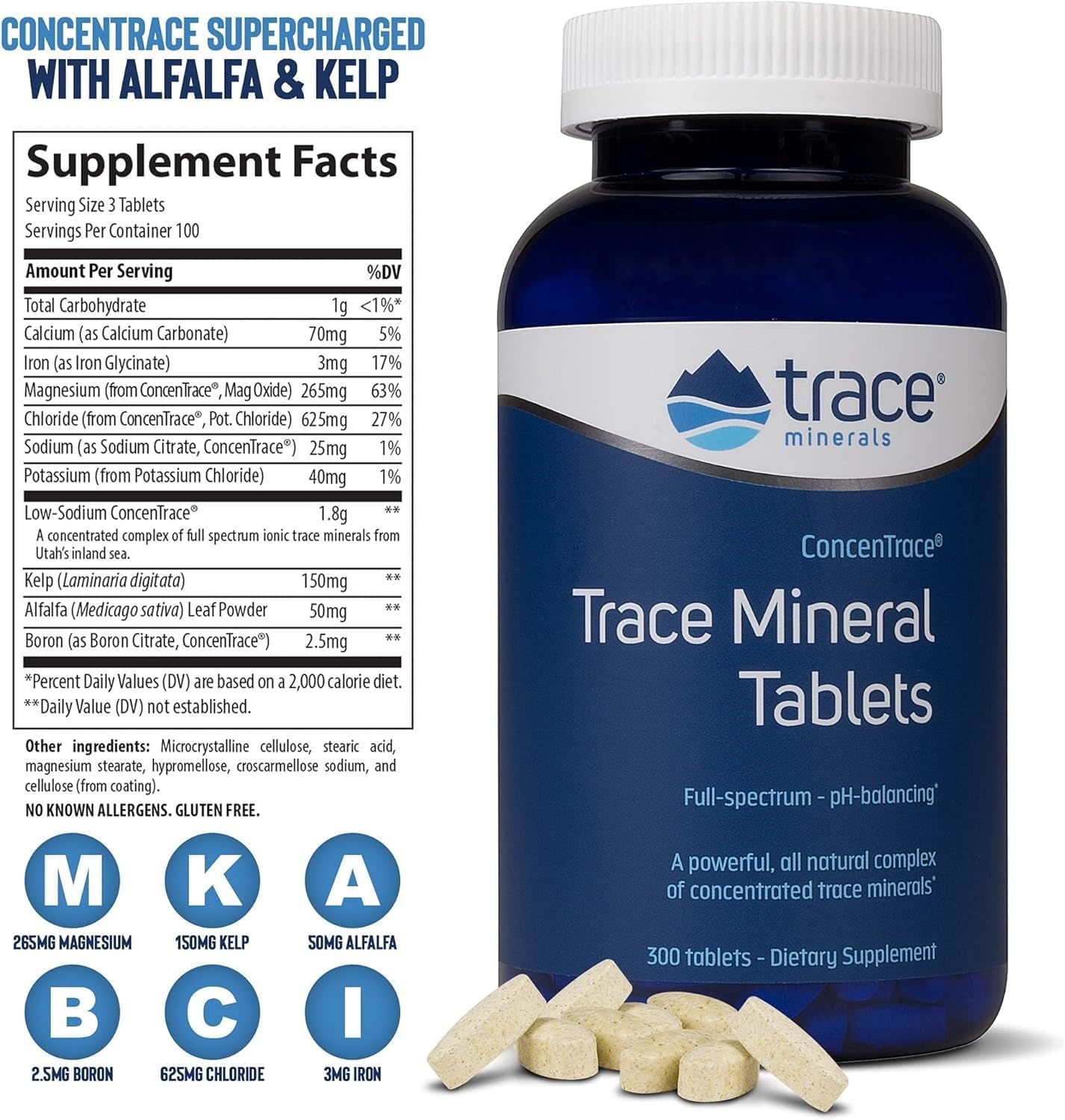 ConcenTrace Trace Mineral Tablets - Bone & Joint Support Supplement - Hydration & Electrolyte Boost - 300 Tablets, 100 Servings
