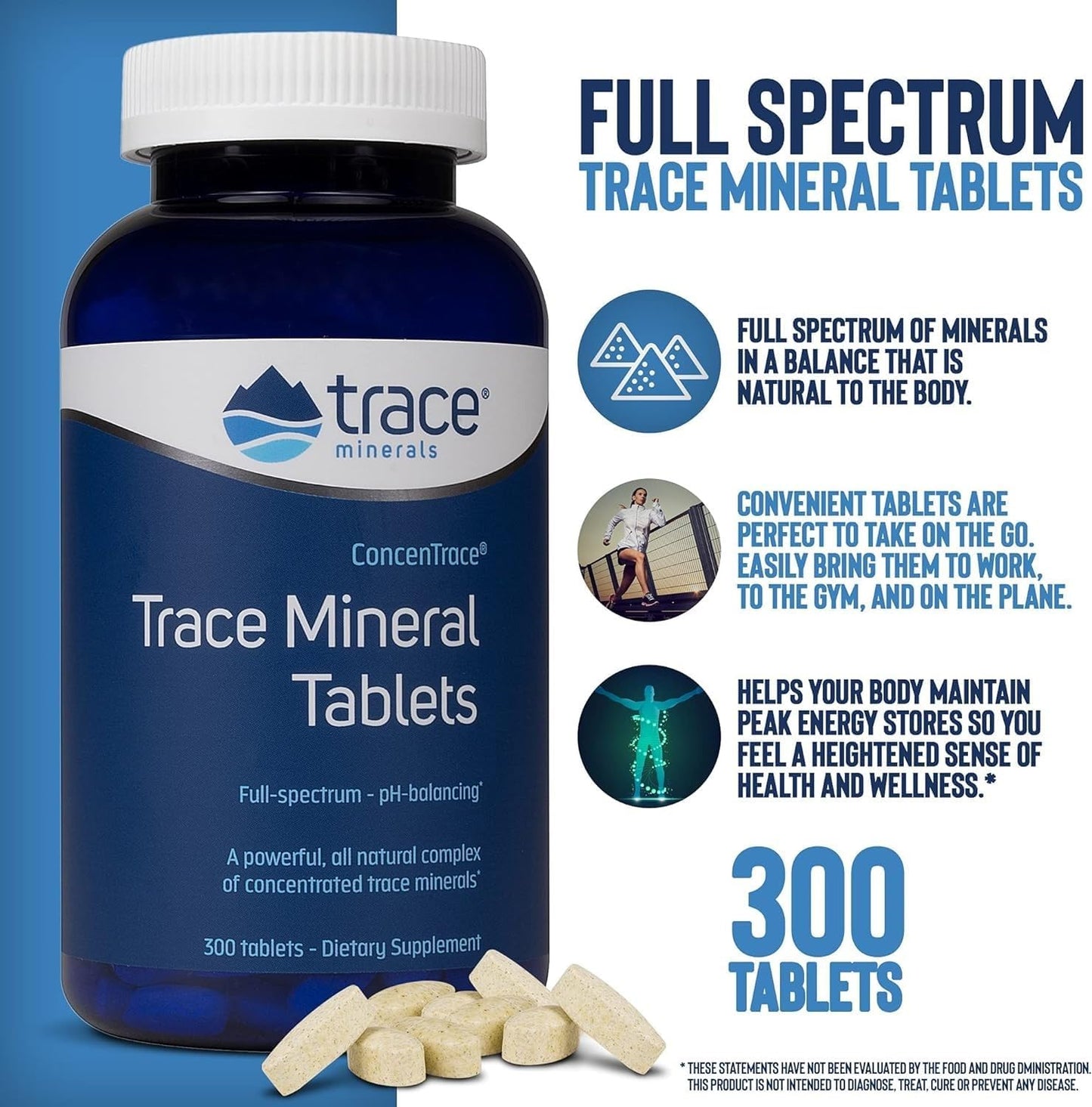 ConcenTrace Trace Mineral Tablets - Bone & Joint Support Supplement - Hydration & Electrolyte Boost - 300 Tablets, 100 Servings