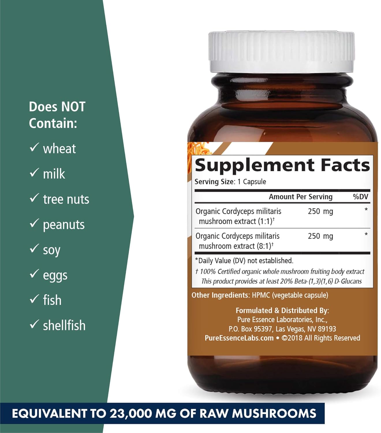 Concentrated Cordyceps Mushroom Powder Supplements for Immune System, Stress Response, Physical & Mental Performance - 1 Month Supply by PURE ESSENCE LABS