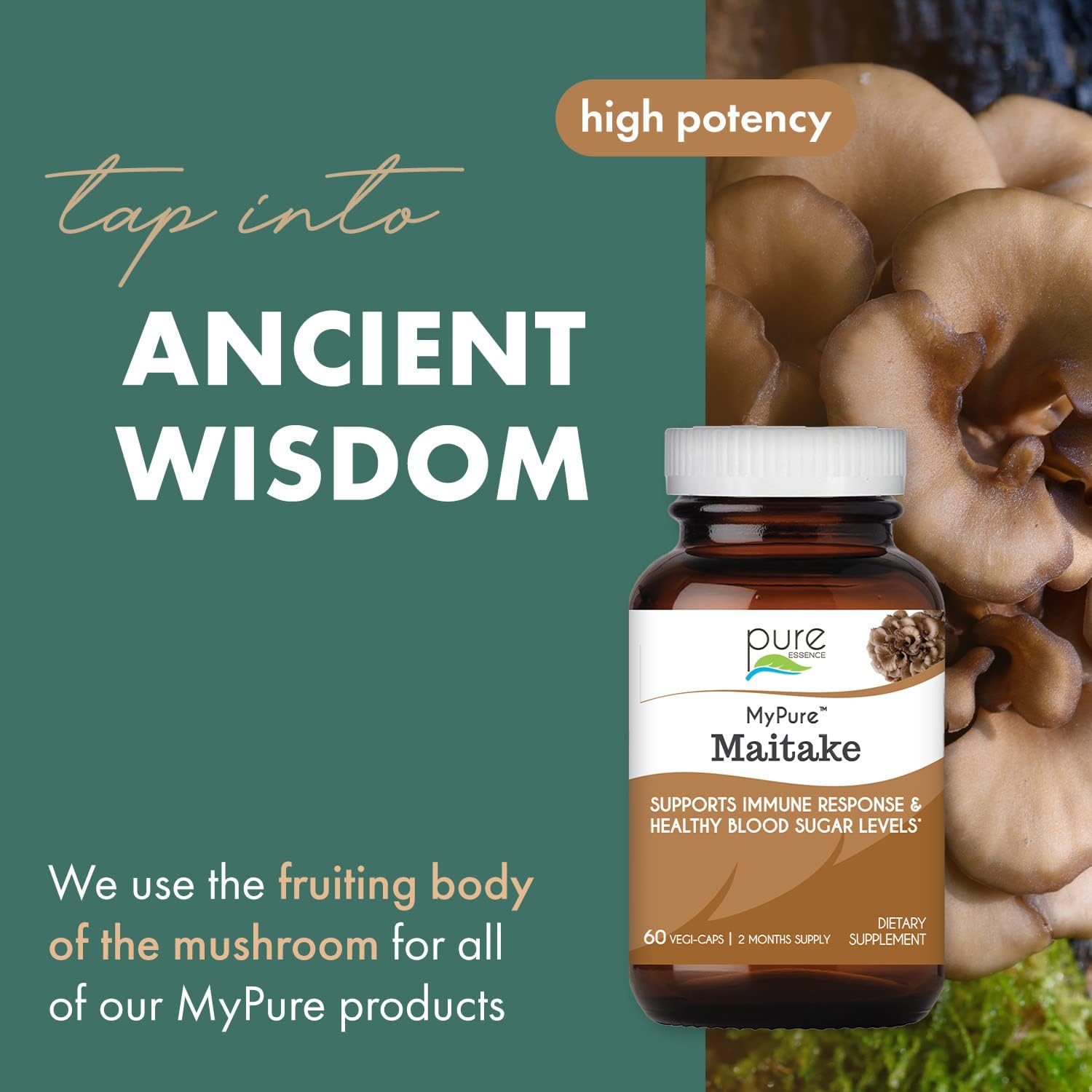 Concentrated Maitake Mushroom Powder Supplement for Immune System Support, Stress Relief, Energy Boost - 2 Month Supply by PURE ESSENCE LABS